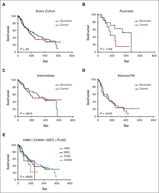 OS of patients on ARMADA 2000. (A) OS by arm for the entire cohort for cases for which data are available. (B) OS for European LeukemiaNet 2017 (ELN 2017) favorable risk disease. (C) OS for ELN 2017 intermediate risk disease. (D) OS for ELN 2017 adverse risk disease and those patients for whom risk category was unknown. (E) OS by control salvage regimen chosen.