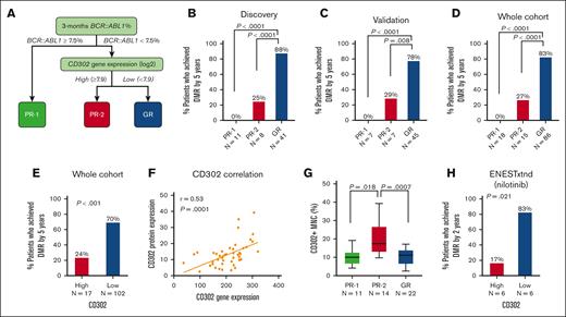Identification of 2 distinct PR groups defined by 3-months BCR::ABL1% and high CD302 expression. (A) Decision tree selected 2 important variables 3-months BCR::ABL1% and CD302 gene expression to predict DMR (BCR::ABL1<0.0032% by 5 years). (B) Bar plot shows the proportion of patients treated with imatinib in PR-1, PR-2, and GR groups identified by the model using the discovery cohort. (C) Bar plot shows the proportion of patients treated with imatinib PR-1, PR-2, and GR groups identified by the model using the validation cohort. (D) Bar plot shows the proportion of patients treated with imatinib PR-1, PR-2, and GR groups identified by the model using the whole cohort. (E) Bar plot shows the proportion of patients treated with imatinib in high vs low CD302 gene expression using the threshold identified by the model on whole cohort. (F) The correlation between CD302 gene expression and CD302+ protein expression on CD45+ selected MNCs by flow cytometry. (G) Box plot shows the proportion CD302+ MNCs in patients treated with imatinib in PR-1, PR-2, and GR groups. (H) Bar plot shows the proportion of patients treated with nilotinib in high vs low CD302 gene expression based on median cutoff.