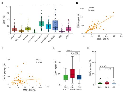 CD302 expressed predominantly in myeloid than lymphoid compartment. (A) The landscape of CD302+ protein expression across stem and progenitor cells and myeloid and lymphoid cells by flow cytometry. (B) The correlation between CD302+CD45+ selected MNCs and CD302+ myeloid cells (CD33+CD11b+). (C) The correlation between CD302+CD45+ selected MNCs and CD302+ lymphoid cells (CD33−CD11b−CD3+/CD19/+CD56+). (D) The box plot shows the frequency of CD302+ on myeloid cells by flow cytometry in PR (PR-1 and PR-2) and GR groups. (E) The box plot shows the frequency of CD302+ on lymphoid cells by flow cytometry in PR-1, PR-2, and GR groups.