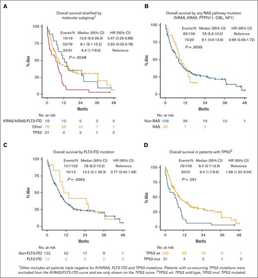 Kaplan-Meier plots of OS by molecular subgroup, RAS pathway, FLT3-ITD, and TP53.