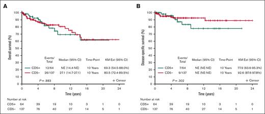 Survival. (A) OS of CD5+ vs CD5– MZL. (B) Disease-specific survival of CD5+ vs CD5– MZL. KM Est, Kaplan Meier estimate).