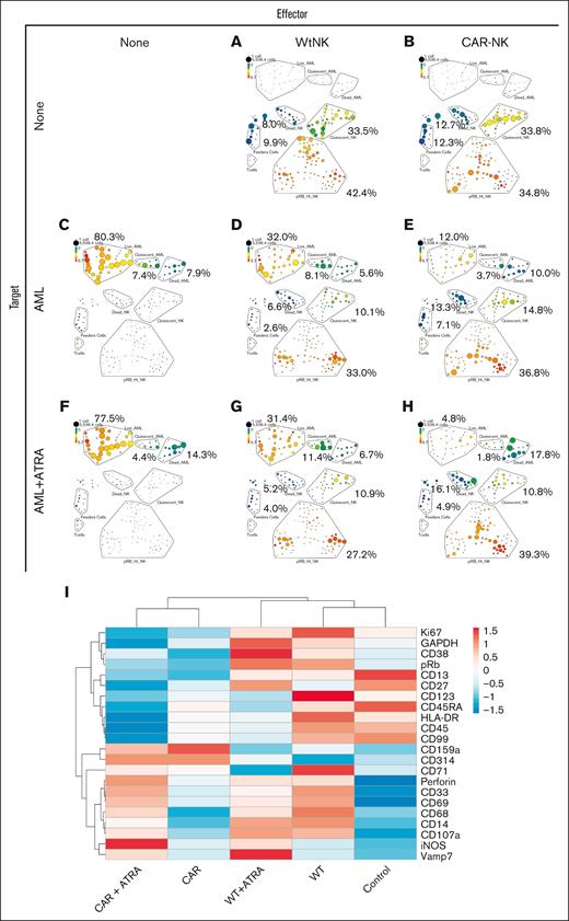 Mass cytometry analysis shows combination ATRA and CD38-CAR NK-cell treatment decreases live AML population. Mass cytometry analysis was performed 24 hours after the coculture of a primary AML cell line (AML-1) with WT or CD38-CAR NK cells with and without 48-hour, 10-nM ATRA pretreatment. Eight distinct conditions were analyzed: WT NK cells alone (A), CD38-CAR NK cells alone (B), AML cells alone (C), AML plus WT NK cells (D), AML plus CD38-CAR NK cells (E), AML cells with ATRA (F), AML plus ATRA plus WT NK cells (G), and AML plus ATRA plus CD38-CAR NK cells (H). (I) Heat map of surface marker appearing on the live AML cells after treatment analyzed by mass cytometry. Original values are ln(x)-transformed. Rows are centered; unit variance scaling is applied to rows. Both rows and columns are clustered using correlation distance and average linkage using ClustVis.