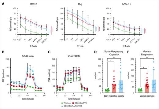 AAVS1KO/CD38-CAR NK cells display enhanced cytotoxicity and metabolism. CD38-CAR NK cells were tested against CD38-expressing AML, MM, and BL. (A) CD38-CAR NK-cell killing of CD38-expressing cell lines (n = 3; mean ± SD). P values were calculated using a 2-way ANOVA; ∗P < .05; ∗∗P < .01; ∗∗∗P = .001; ∗∗∗∗P < .0001. (B) Oxygen consumption rate (OCR) for CD38-CAR NK cells. (C) Glycolytic capacity, measured by the extracellular acidification rate (ECAR), observed in CD38-CAR NK cells. (D) Spare respiratory capacity, a measure of the cell's ability to produce adenosine triphosphate (ATP) in response to stress, measured in CAR NK cells. (E) CAR NK-cell maximal respiration rates compared with WT.
