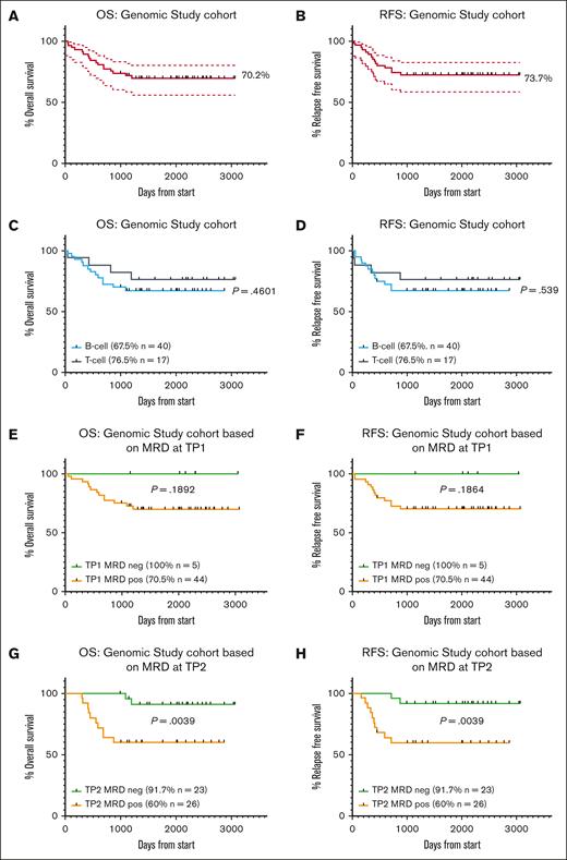 Patients who are MRDneg demonstrated a survival advantage compared with patients who are MRDpos in the ALL06 genomic study cohort. Kaplan-Meier curves assessed OS and RFS for (A-B) genomic study cohort (57 patients), (C-D) patients with T-ALL (17 patients) vs B-ALL (40 patients), (E-F) patients who were MRDneg vs MRDpos at TP1 (day 33), (G-H) patients who were MRDneg vs MRDpos at TP2 day 79). Bold lines represent percentage survival, and dotted lines represent 95% CI. Statistical significance was determined by the log-rank survival (Mantel-Cox) test.