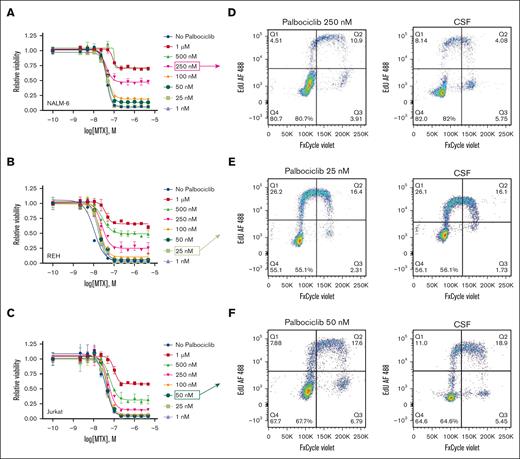 Palbociclib decreases leukemia cell proliferation and attenuates leukemia cell sensitivity to methotrexate. (A-C) Methotrexate dose-response curves for NALM-6 (A), REH (B), and Jurkat (C) leukemia cells in the absence or presence of palbociclib at varying concentrations. Leukemia cell viability was assessed after 48 hours of drug treatment using the CellTiter-Glo luminescent cell viability assay. Error bars represent the mean ± SD of 3 technical replicates. (D-F) Cell cycle analysis of NALM-6 (D), REH (E), and Jurkat (F) leukemia cells cultured in either CSF or regular media with a palbociclib concentration that caused a level of G0/G1 arrest similar to CSF. Leukemia cells were treated with EdU (5-ethynyl 2’-deoxyuridine) for 30 minutes before fixation, permeabilization, staining, and analysis by flow cytometry. Representative flow cytometry histograms for both CSF and the comparable palbociclib dose are shown. AF, Alexa Fluor.