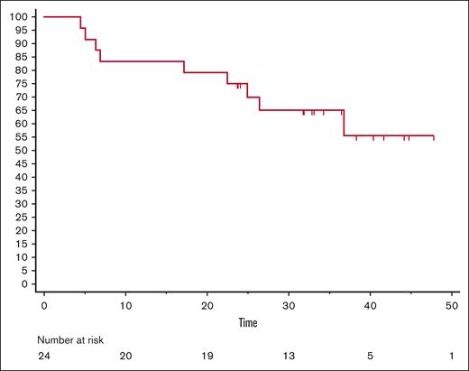 PFS. Tick marks represent censoring.