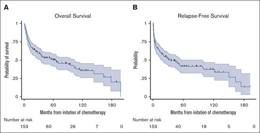 Outcomes in all patients who were initiated on MTR. (A) OS in all patients who were initiated on MTR. (B) RFS in all patients who were initiated on MTR.