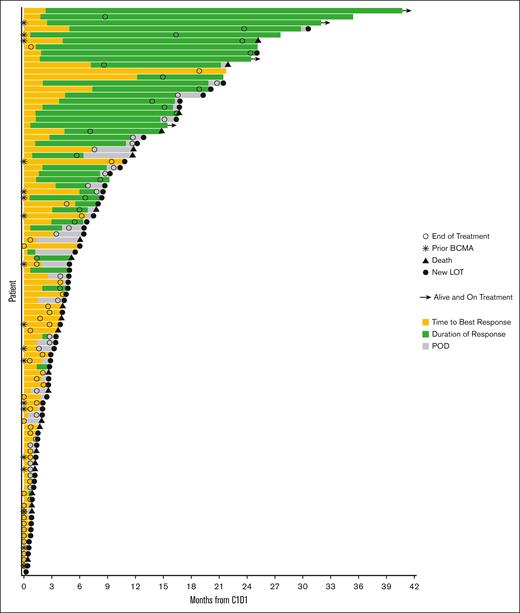 Swimmer plot of treatment response to belantamab mafodotin. Patients who had previous exposure to BCMA-targeted therapies are marked with an asterisk. LOT, line of therapy; POD, progression of disease.