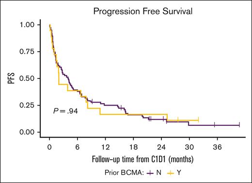 PFS in patients who had 1 or more prior BCMA-targeted therapy vs BCMA therapy–naïve patients.
