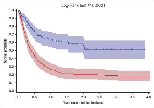 Kaplan-Meier survival curves illustrating survival outcomes for patients receiving CAR-T therapy in comparison to those undergoing palliative therapy as a third-line treatment.