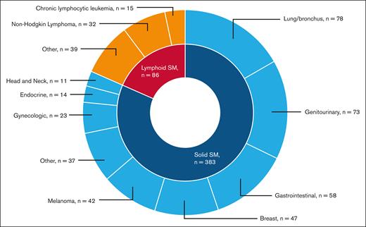 Types of malignancies among 396 patients with MPN who developed a second malignancy.