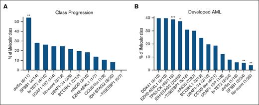 Class progressions and development of AML. The proportions of each class that underwent class progression (A) or developed AML (B) are shown. For panel A, 170 patients in the whole cohort had genetic testing at a later follow-up date that allowed for assessing class progression, with only 30 of 170 patients progressing to a new class at follow-up (17.6%); the number with class progression and the number with follow-up testing are given in parentheses for each class. Of the classes we analyzed, the highest (DDX41) and second highest (TP53-CK, which could not progress to germ line–enriched DDX41) within the taxonomy hierarchy are not included. For panel B, the number that progressed to AML and the number in each class are given in parentheses (this analysis was performed on the whole cohort). ∗P < .05, ∗∗P < .01, ∗∗∗P < .001 compared with remaining patients in the cohort.