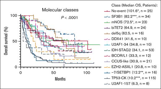 The molecular classes showed significant differences in OS. Median OS in months is given in parentheses, ∗P < .05, ∗∗P < .01, ∗∗∗P < .001 compared with remaining patients in the cohort. Median OS for all patients (N = 392) was 26.6 months.