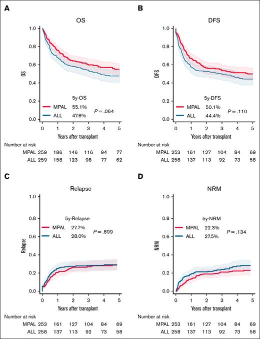 Comparison of transplantation outcomes between patients with MPAL and those with ALL after propensity score matching. (A) OS. (B) DFS. (C) Cumulative incidence of relapse. (D) Cumulative incidence of NRM.