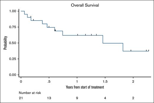 Kaplan-Meier survival curve. Of 21 patients, 12 were alive, with a median follow-up time of 367 days.