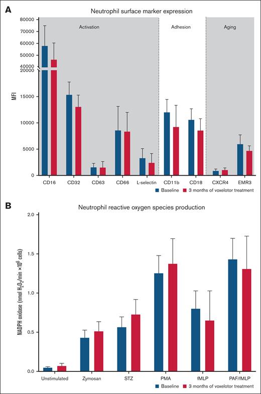 Effect of voxelotor on markers of neutrophil activation, adhesion and aging, and ROS production. (A) Neutrophil markers of activation, adhesion, aging at baseline, and after 3 months of voxelotor treatment. (B) Neutrophil ROS production as measured by Amplex red assay at steady state and when using zymosan, serum-treated zymosan (STZ), phorbol myristate acetate (PMA), N-formylmethionyl leucyl phenylalanine (fMLP), and platelet-activating factor (PAF)–fMLP. Data are presented as medians, with error bars indicating interquartile ranges. NADPH, reduced NAD phosphate.