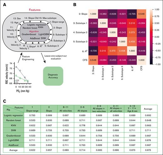 ML-guided analysis of PO2-regulated RBC capillary velocity for ME/CFS classification. (A) Flow diagram of ML-guided analysis. Various physical parameters or features from PO2-regulated RBC capillary velocity were used as input for different ML algorithms to calculate ME/CFS correlation and diagnostic accuracy. Slope was calculated based on RBC velocities at 4 PO2 levels, whereas slope-range was calculated based on RBC velocity within a range from 25% to 75% of the maximum velocity. Subslopes 1 to 3 were calculated based on velocities of 2 adjacent PO2 levels. R2 was the coefficient of determination calculated based on RBC velocities at 4 PO2 levels. Velocities 1 to 4 represented RBC velocities at PO2 levels of 34, 25, 12, and 0 mm Hg, respectively. Slope-old represented the slope calculated based on the velocities of RBCs falling within the lowest 50% of the velocity range. Maximum subslope was the maximum value of all the subslopes. (B) Correlation heat map between features and ME/CFS. Slope showed the highest correlation (0.548) for ME/CFS classification. (C) Classification accuracy using different subsets of the features and ML algorithms. Combination of features 2 to 6 showed the highest accuracy in KNN (0.778). Calculation was conducted based on data collected from 23 healthy participants and 35 patients with ME/CFS.