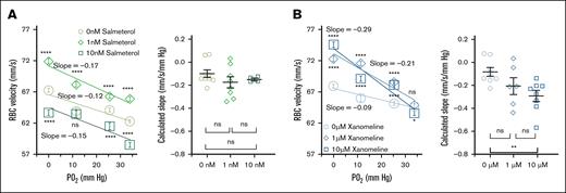 Salmeterol and xanomeline improved PO2-regulated RBC capillary velocity and sensitivity in ME/CFS. (A) RBCs treated with 1 nM salmeterol exhibited the highest magnitude and sensitivity of PO2-regulated capillary velocity (patients with ME/CFS, n = 9; 955, 956, and 473 cells for 0 nM (R2 = 0.81), 1 nM (R2 = 0.91) and 10 nM salmeterol (R2 = 0.85), respectively. Calculated slope of –0.098 ± 0.0331, –0.175 ± 0.0485, and –0.149 ± 0.0121 mm/s per mm Hg for 0, 1, and 10 nM salmeterol, respectively. ns, P > .05 (Mann-Whitney test). (B) Xanomeline incubation increased the magnitude and sensitivity of PO2-regulated RBC capillary velocity (patients with ME/CFS, n = 8; 905, 690, and 917 cells for 0-μM (R2 = 0.92), 1-μM (R2 = 0.91), and 10-μM xanomeline (R2 = 0.91), respectively. Calculated slope (mm/s per mm Hg) of –0.083 ± 0.0381, –0.204 ± 0.0730, and –0.292 ± 0.0478 for 0, 1, and 10 μM, respectively. ns, P > .05 (Mann-Whitney test); ∗∗P < .01 (unpaired t test). Each data point in calculated slope represents 1 participant. Data are presented as mean ± SEM.