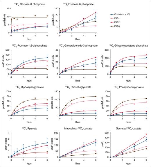 Carbon labeling of glycolytic metabolites in patients with PK deficiency. Purified RBCs from 10 controls and 3 patients (PKD1-3) with PK deficiency were incubated with 13C6-glucose. The incorporation of the labeled carbon atoms in downstream glycolytic metabolites was determined over time by quantifying the concentrations of carbon-labeled metabolites with LC-HRMS. Lactate concentrations were measured both intracellularly and in the medium. Data points with error bars indicate mean and standard deviation.