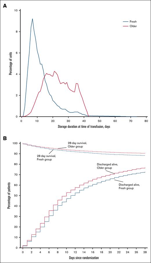 Storage duration of RBC units and survival to hospital discharge according to study group. (A) Storage duration of RBC units by study group. The blue line indicates the distribution of storage durations for RBC units transfused in participants who were randomly assigned to receive fresher RBC units, and the red line indicates the distribution of storage durations for RBC units transfused in participants assigned to receive older RBC units. (B) Patients who survived to hospital discharge and were discharged alive during the first 28 days after randomization. Patients were censored at day 28 after randomization.