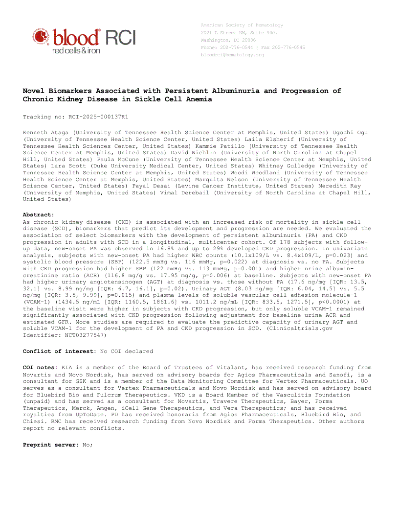 First page of Novel Biomarkers Associated with Persistent Albuminuria and Progression of Chronic Kidney Disease in Sickle Cell Anemia