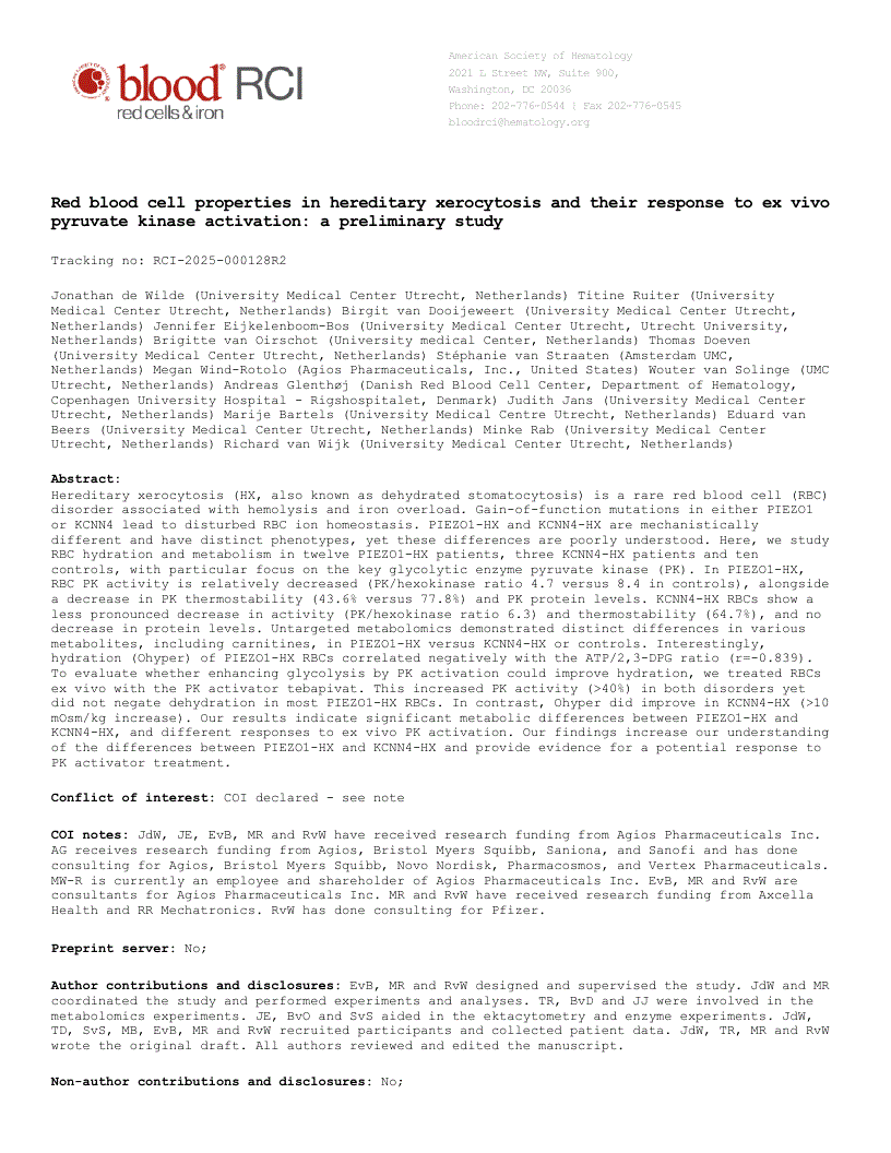 First page of Red blood cell properties in hereditary xerocytosis and their response to <italic>ex vivo</italic> pyruvate kinase activation: a preliminary study.