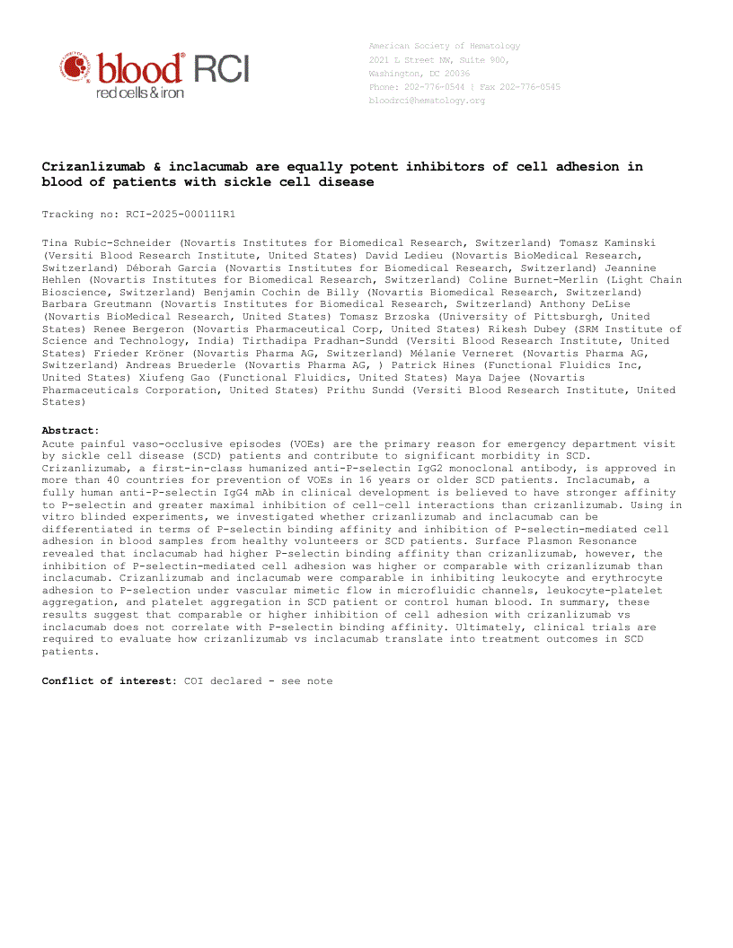First page of crizanlizumab and inclacumab are equally potent inhibitors of cell adhesion in the blood of patients with sickle cell disease.