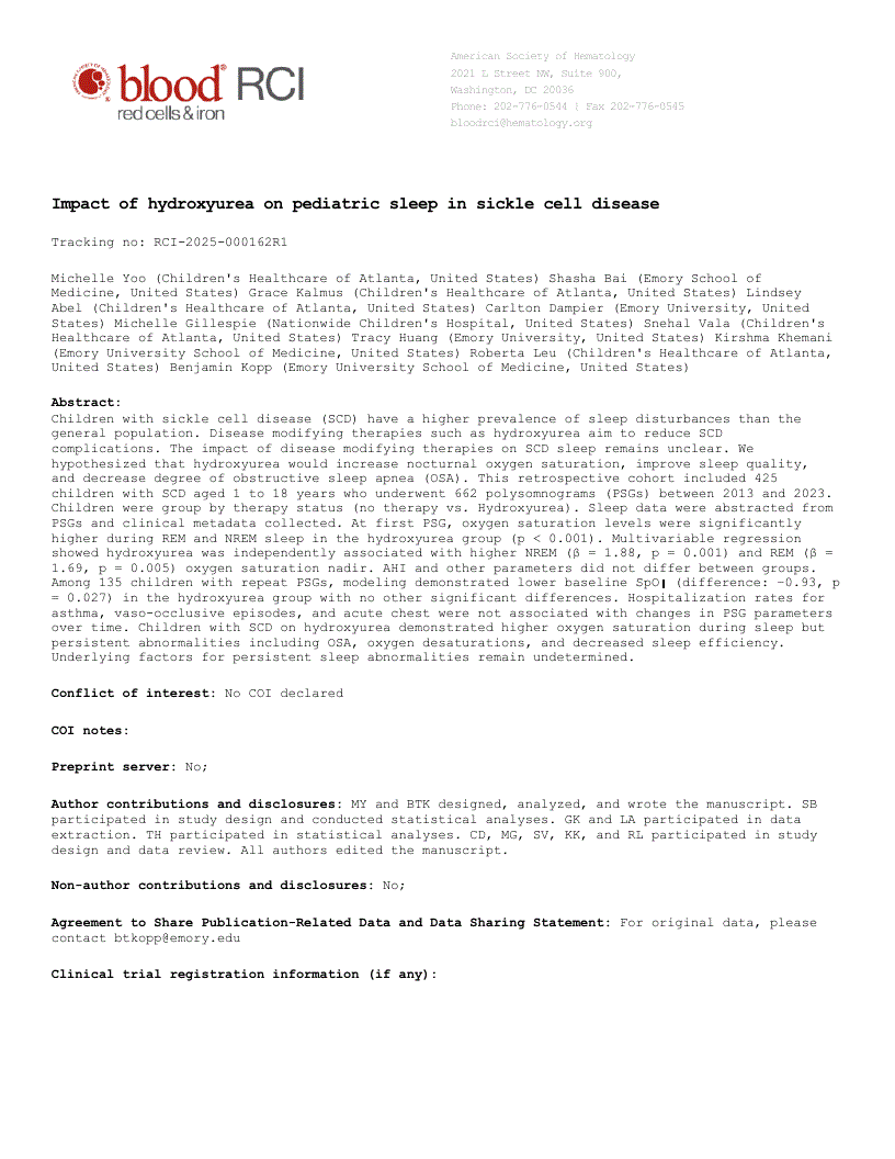 First page of Impact of hydroxyurea on pediatric sleep in sickle cell disease