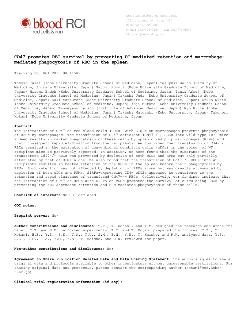 First page of CD47 promotes RBC survival by preventing DC-mediated retention and macrophage-mediated phagocytosis of RBC in the spleen