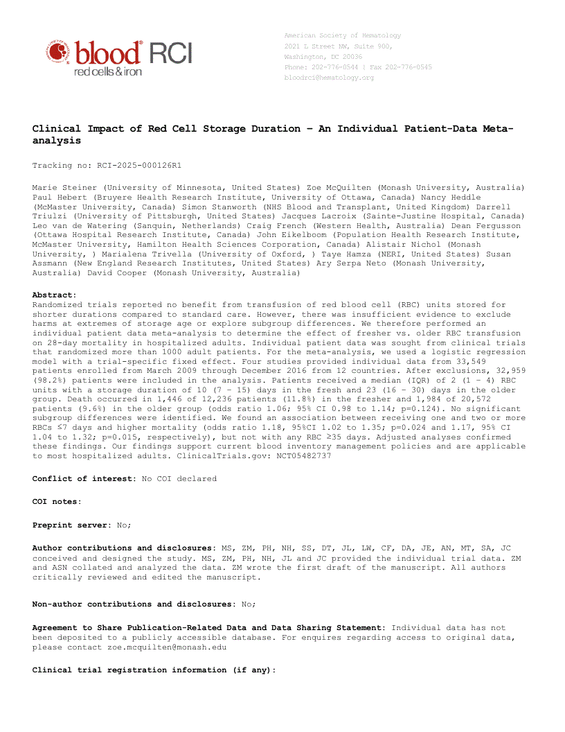 First page of Clinical Impact of Red Cell Storage Duration – An Individual Patient-Data Meta-analysis