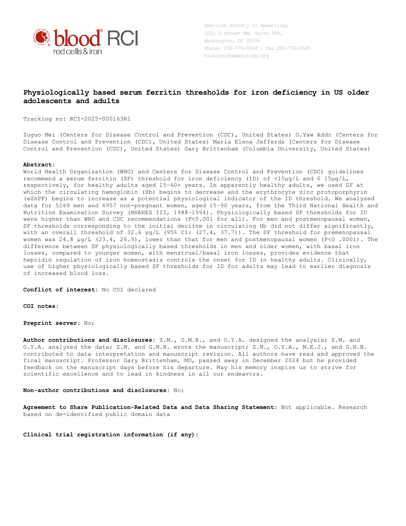First page of Physiologically based serum ferritin thresholds for iron deficiency in US older adolescents and adults