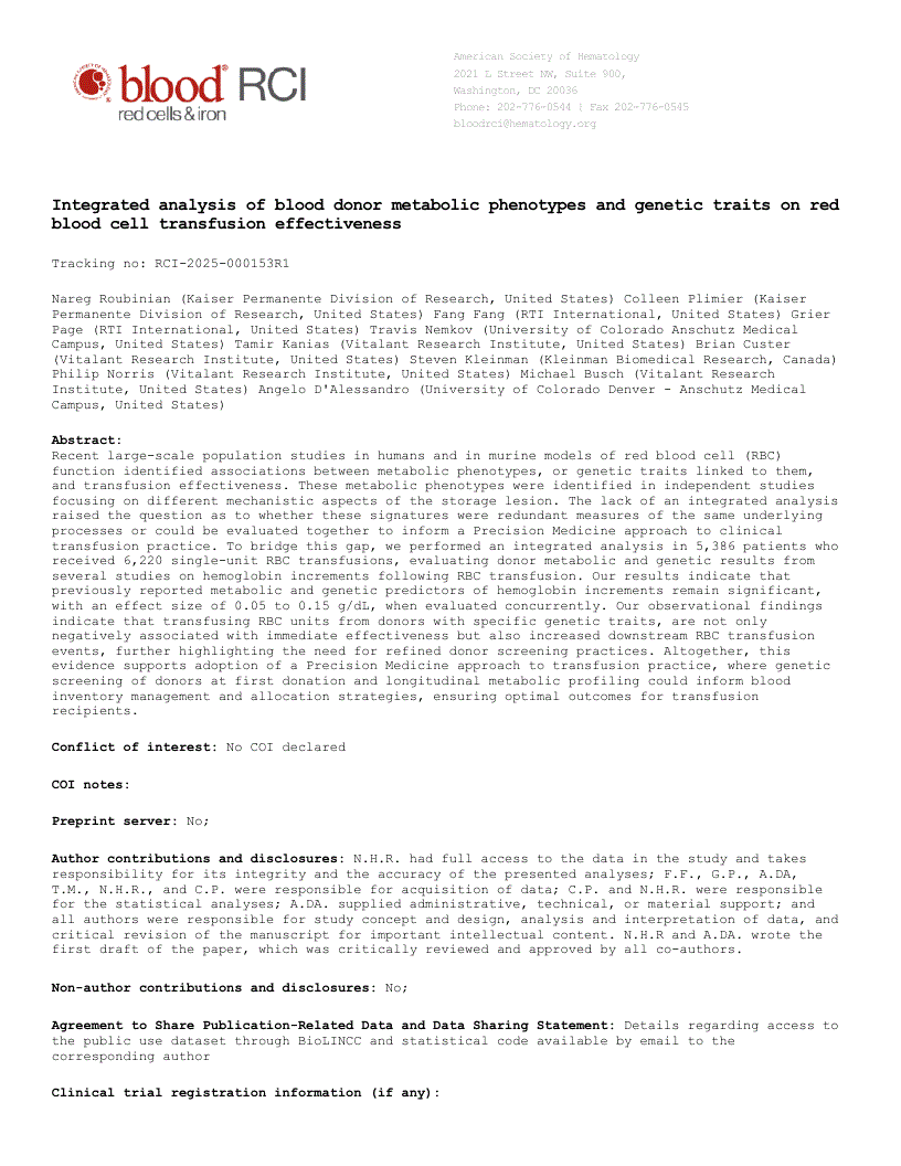 First page of Integrated analysis of blood donor metabolic phenotypes and genetic traits on red blood cell transfusion effectiveness