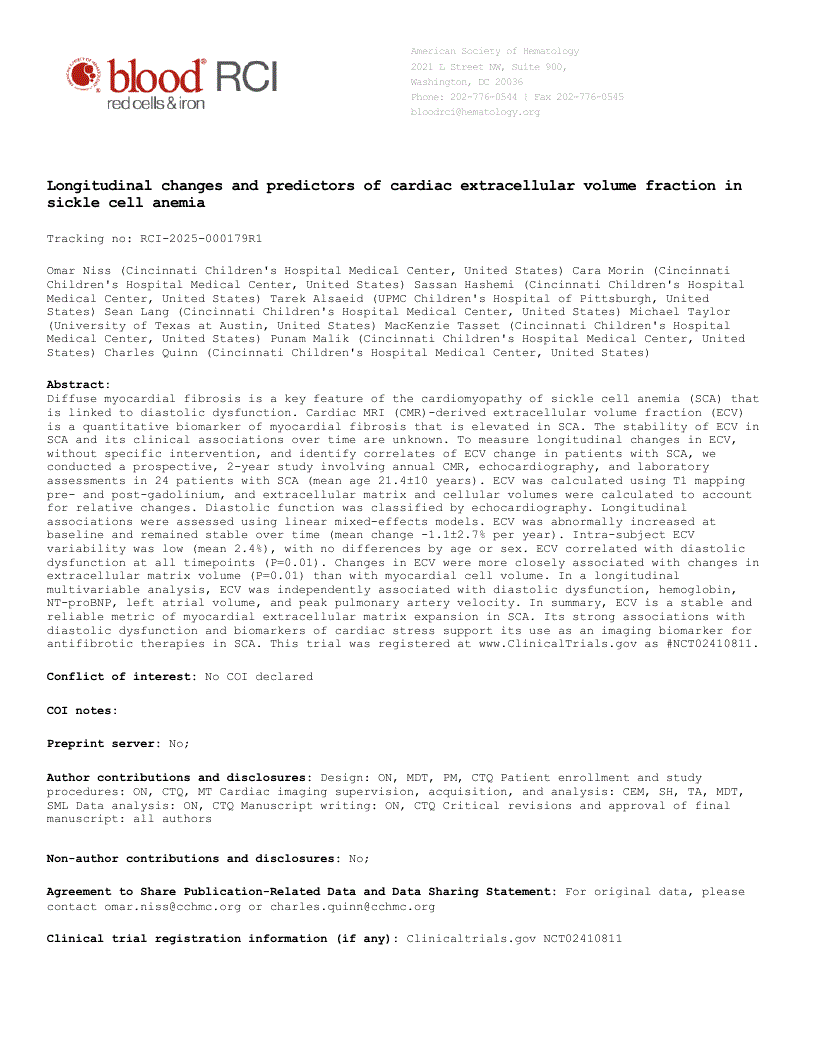 First page of Longitudinal changes and predictors of cardiac extracellular volume fraction in sickle cell anemia