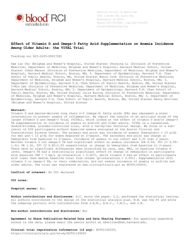 First page of Effect of Vitamin D and Omega-3 Fatty Acid Supplementation on Anemia Incidence Among Older Adults: the VITAL Trial