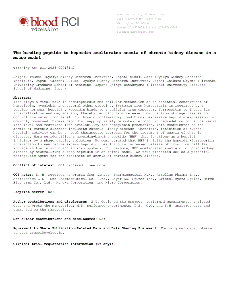 First page of The binding peptide to hepcidin ameliorates anemia of chronic kidney disease in a mouse model