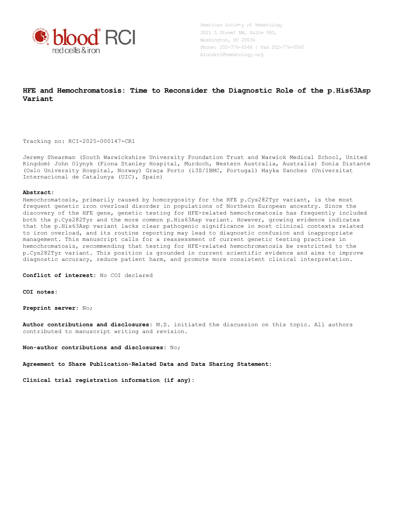 First page of <italic>HFE</italic> and Hemochromatosis: Time to Reconsider the Diagnostic Role of the p.His63Asp Variant