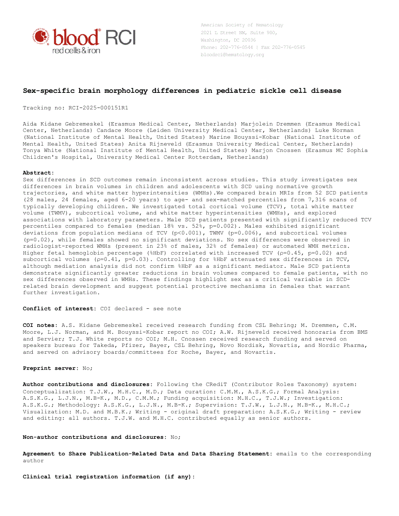 First page of Sex-specific brain morphology differences in pediatric sickle cell disease