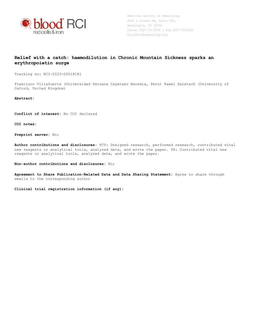 First page of Relief with a catch: haemodilution in Chronic Mountain Sickness sparks an erythropoietin surge