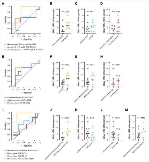 High expression level of HMGA2 is associated with the development of noninfectious pneumonia in patients with MDS. (A) Receiver operating characteristic (ROC) curves showing the association between HMGA2 messenger RNA (mRNA) level in CD34+ BM cells and cytopenias in patients with MDS (n = 17). Corresponding AUC values are shown. (B-D) mRNA expression levels of HMGA2 in CD34+ BM cells from the indicated groups. The horizontal bar shows the median value. (E) ROC curves showing the association between HMGA2 mRNA level in CD34+ BM cells and parameters for disease progression in patients with MDS (n = 17). Corresponding AUC values are shown. (F-H) mRNA expression levels of HMGA2 in CD34+ BM cells from the indicated groups. The horizontal bar shows the median value. (I) ROC curves showing the association between HMGA2 mRNA level in CD34+ BM cells and major systemic complications in patients with MDS (n = 17). Corresponding AUC values are shown. (J-M) mRNA expression levels of HMGA2 in CD34+ BM cells from the indicated groups. The horizontal bar shows the median value.
