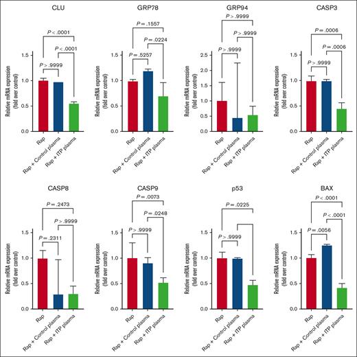 Effects of Rap on apoptosis genes in MEG-01 cells.CLU, CASP-3, TP53, and BAX were significantly downregulated after ITP plasma and Rap treatment compared with in the other 2 control conditions. Relative mRNA levels of each sample normalized to control condition (Rap) are shown as mean ± SD. Statistical analyses were performed using 1-way ANOVA followed by multiple comparisons tests to compare the mean ranks between the groups.
