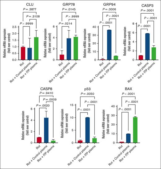 Effects of Rot on apoptosis genes in MEG-01 cells. Rot treatment had increasing effects on all analyzed apoptosis genes except CASP-8 in both control and ITP plasma groups compared with in the control condition. Relative mRNA levels of each sample normalized to control condition (Rot) are shown as mean ± SD. Statistical analyses were performed using 1-way ANOVA followed by multiple comparisons tests to compare the mean ranks between the groups.
