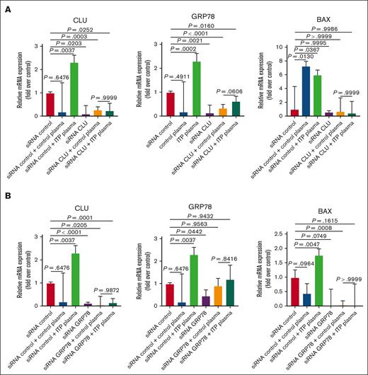 Effects of siRNA transfections targeting CLU and GRP78 in MEG-01 cells. mRNA levels of CLU, GRP78, and BAX determined by qRT-PCR in MEG-01 cells treated with plasma from patients with ITP compared with plasma from healthy controls, and transfected with siRNA targeting (A) CLU or (B) GRP78 are shown. Statistical analyses were performed using 1-way ANOVA followed by multiple comparisons tests to compare the mean ranks between groups. Expression levels are shown as mean; error bars show SDs and P values.