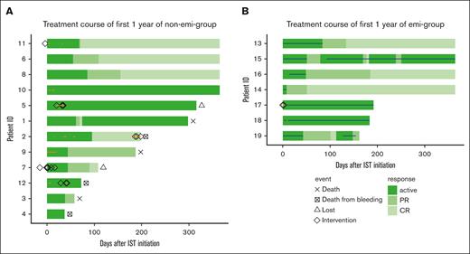 Treatment course of first 1 year. Treatment courses of the non-emi group (A) and the emi group (B) are shown. Orange lines show the duration of BPA use, and blue lines show the duration of emicizumab use.