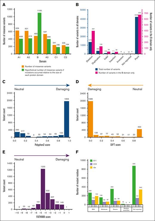 Analyses of the variants in the 6 FVIII domains. (A) The number of missense variants in each of the 6 FVIII domains is shown above the green bars. If the number of the 2863 missense variants is normalized in proportion to the amino acid residues present in each domain, the outcome is shown as orange bars. The missense variants in the linker regions and the signal peptide are not shown. (B) The 7 distribution types of the 1281 variants in the B domain (pink) are compared against those for all 6211 genetic variants that occur across all the protein domains in FVIII (blue). (C) The PolyPhen-2 substitution analyses predict the damaging effects of all 2863 variants from across the entire protein structure, based on the AlphaFold-predicted FVIII structure. (D) The SIFT substitution analyses predict the damaging effects of 2863 variants from across the entire protein structure based on the AlphaFold-predicted FVIII structure. (E) The FATHMM substitution analyses predict the damaging effects of 2584 missense variants from across the entire protein structure based on the AlphaFold-predicted FVIII structure. This excludes synonymous variants that are not considered by this software. (F) Accessibility analyses of 2863 missense variants in the FVIIIa crystal structure (PDB ID 6MF2). The FVIII variants were grouped by their phenotypic classification (severity) and subdivided according to the residue surface accessibility (ACC) determined using DSSP (see “Methods”). Accessibilities of 0 to 1 indicate full side chain burial; values of 2 to 3 indicate increased side-chain exposure to solvent; and values of ≥4 indicate high solvent exposure. The ACC values for the B domain (Figure 3) all indicated full surface exposures, in keeping with its predicted disordered structure.