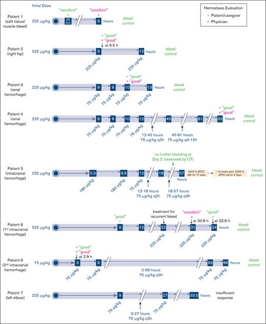 Treatment of patients experiencing severe BEs in PERSEPT 1 and PERSEPT 2 with eptacog beta. Time points for the first recorded “good” or excellent” hemostasis evaluation obtained from the treating physician and from the patient/caregiver for each BE are noted by asterisks. Treatment outcomes of “bleed control” or “insufficient response” are indicated.
