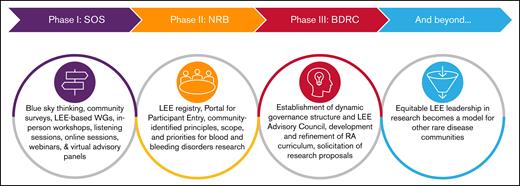 Evolution of the BDRC initiative. The 4 stages of the BDRC initiative are shown schematically: initial visioning and community engagement, identification of research priorities, infrastructure and governance development, and future goals for cross-condition leadership in research. The model anticipates long-term impact through broader adoption of LEE leadership in rare disease research. The first phase of the project, implementation, began with “blue sky thinking,” bringing together healthcare professionals, community leaders, industry and federal partners, and, most importantly, LEEs. In the second phase, a steering committee worked with interdisciplinary WGs to define the principles, scope, and research priorities addressing the community’s most pressing needs. As part of the process, they identified resource and infrastructure requirements to launch and scale an integrated research pathway with opportunities for community participation at every step. A blueprint emerged, designed around the principle that LEEs serve as essential partners in research closely integrating health justice including equity, diversity, inclusion, acceptance and belonging.