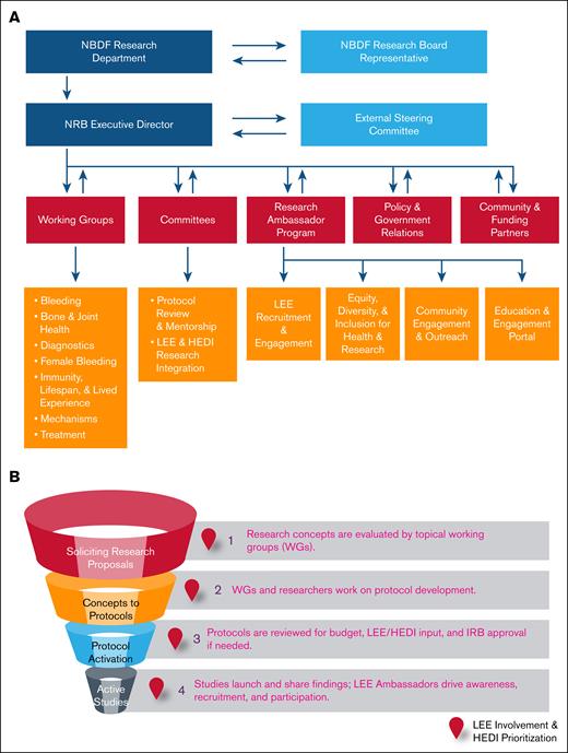 Research governance and study activation workflow. (A) The dynamic organizational framework of the BDRC with a hierarchical governing structure that includes key stakeholders provides oversight of research activities. (B) Project map outlining the stages from research proposal solicitation to active studies, highlighting critical review and approval points, including LEE/HEDI considerations. IRB, institutional review board.