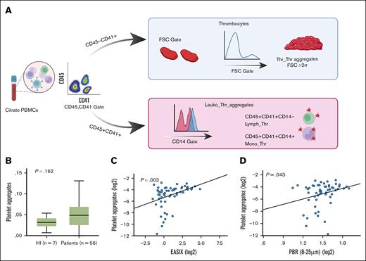 Thrombocyte-thrombocyte aggregates (proxy) in HIs and patients, and correlation with EASIX and PBR. (A) Gating strategy for identifying thrombocyte-thrombocyte aggregates (Thr_Thr, proxy) and leukocyte-thrombocyte aggregates (Leuko_Thr) by flow cytometry. Thr_Thr aggregates (proxy), identified as CD45−CD41+ platelets exceeding 2 standard deviations (>2σ) above the mean FSC, indicating larger platelet aggregates. Leuko_Thr aggregates, defined as CD45+CD41+ double-positive cells, further classified by CD14 expression to differentiate monocyte-platelet subtypes. (B) Box plots comparing Thr_Thr aggregate levels (proxy) between HIs and patients, showing a trend toward higher levels in patients (P = value from Kruskal-Wallis test). (C-D) Linear regression analyses showing correlations between (C) platelet aggregates (proxy) and EASIX (C) and platelet aggregates (proxy) and PBR (mean values across VDs 8-25 μm) (D). These findings suggest a link between platelet activation, systemic endothelial stress, and glycocalyx degradation. FSC, forward scatter; PBMCs, peripheral blood mononuclear cells.