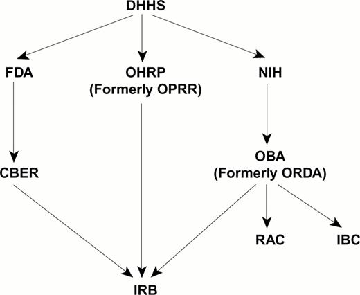 Figure 2. National regulatory agencies and local institutional committees involved in the oversight of gene therapy trials. . / Abbreviations: DHHS, Department of Health and Human Services; OHRP, Office for Human Research Protection; OPRR, Office for Protection of Research Risks; FDA, Federal Drug Administration; CBER, Office for Biologics Evaluation and Research; NIH, National Institute of Health; OBA, Office of Biotechnology Activities; ORDA, Office of Recombinant DNA Activities; RAC, Recombinant DNA Advisory Committee; IBC, Institutional Biosafety Committee.