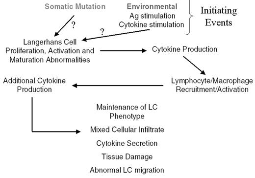 Figure 1. Schematic of possible pathophysiologic mechanisms leading to Langerhans cell histiocytosis and subsequent tissue damage. / Abbreviations: Ag, antigen; LC, Langerhans cell.